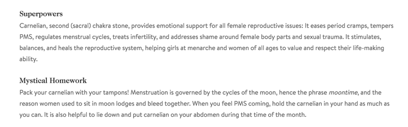 A screen shot from Goop’s article on “The 8 Essential Crystals,” in which it claims Carnelian helps treat infertility and PMS symptoms. It does not.